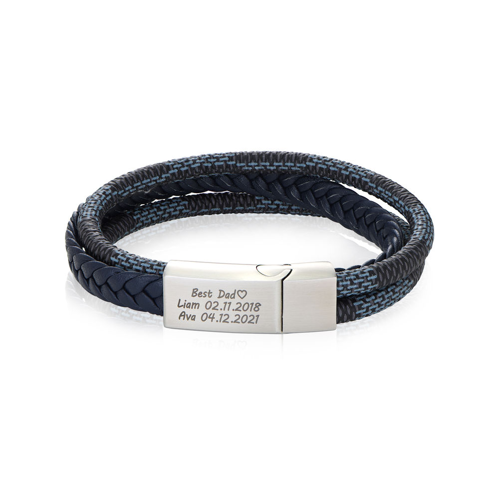 Men's 3-Layer Blue & Grey Braided Leather Bracelet in Stainless Steel