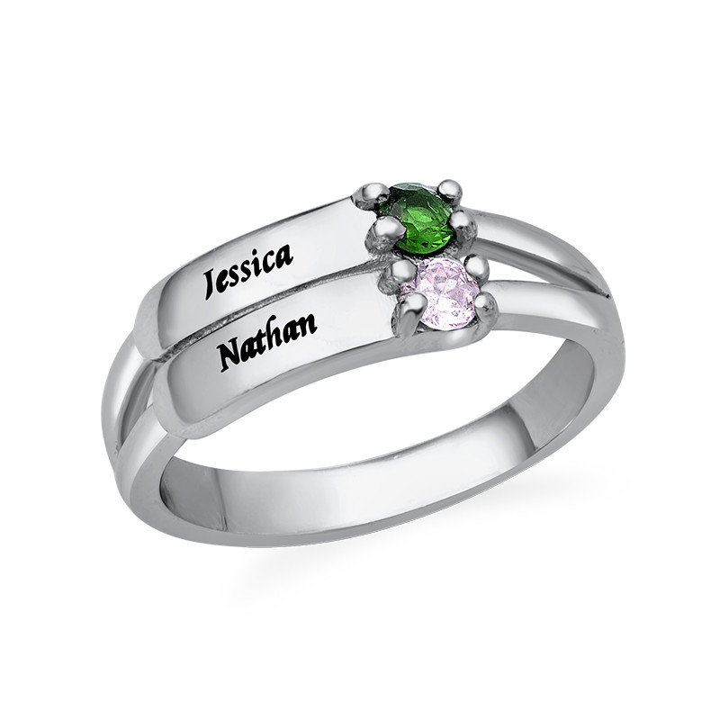 Engraved Two Birthstone Ring in Sterling Silver