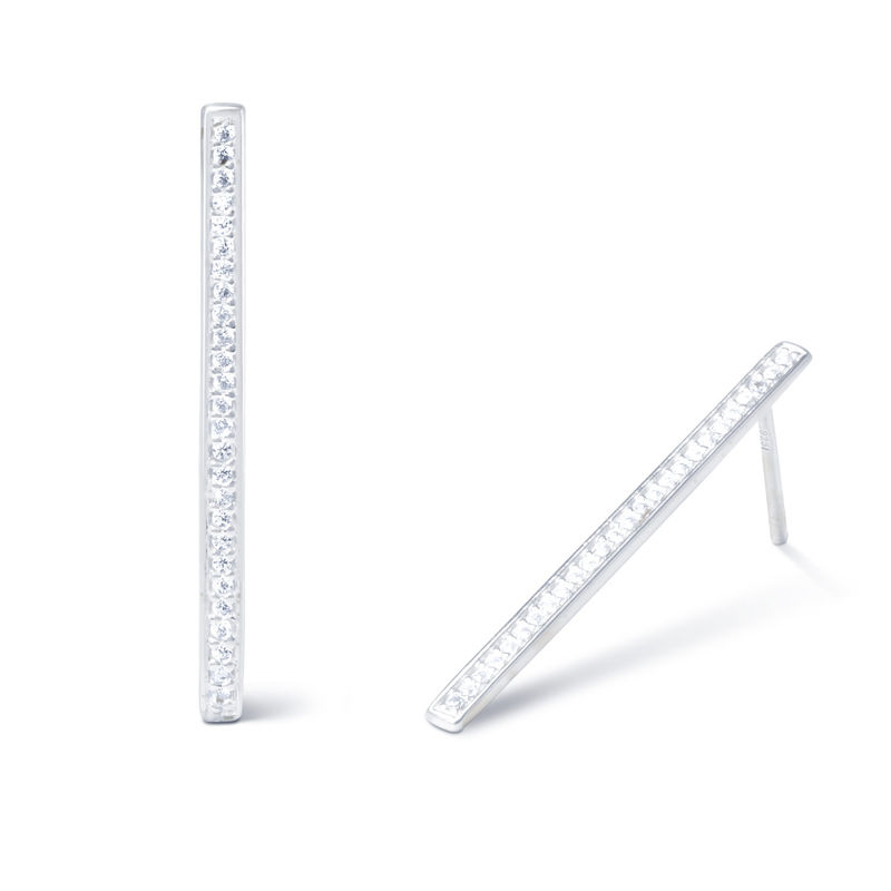 Vertical Bar Stud Earrings with Cubic Zirconia in Steling Silver - 1
