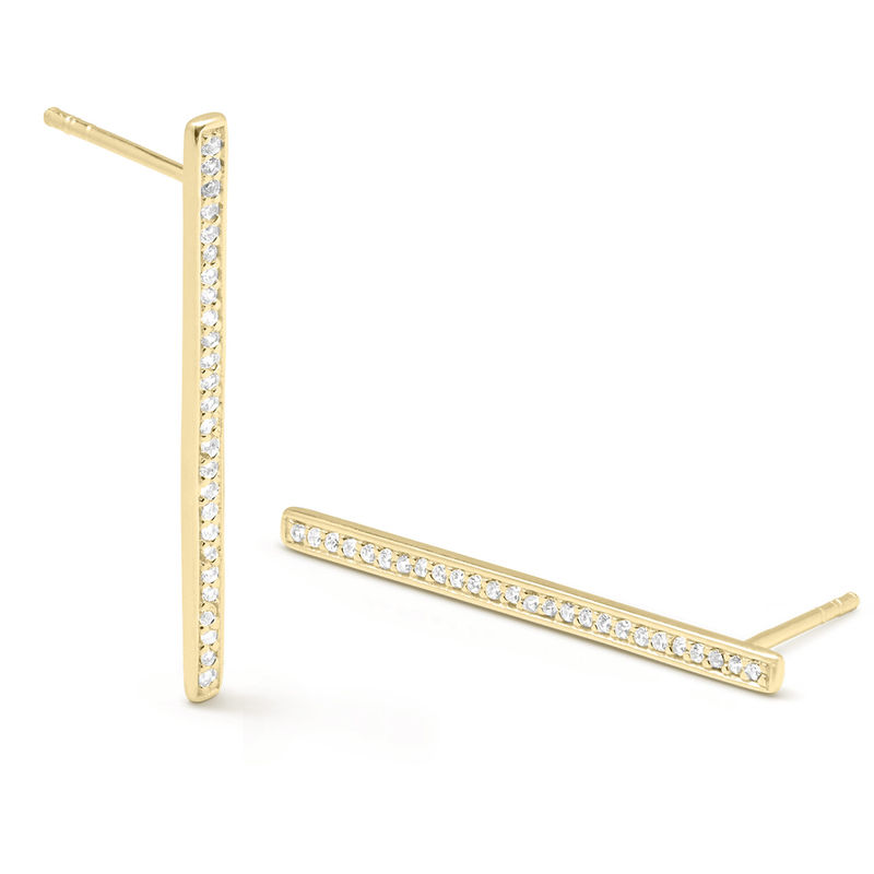Vertical Bar Stud Earrings with Cubic Zirconia in Gold Plated