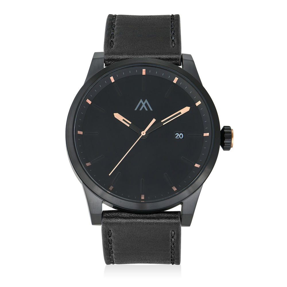 Odysseus Day Date Minimalist Leather Strap Watch in Black
