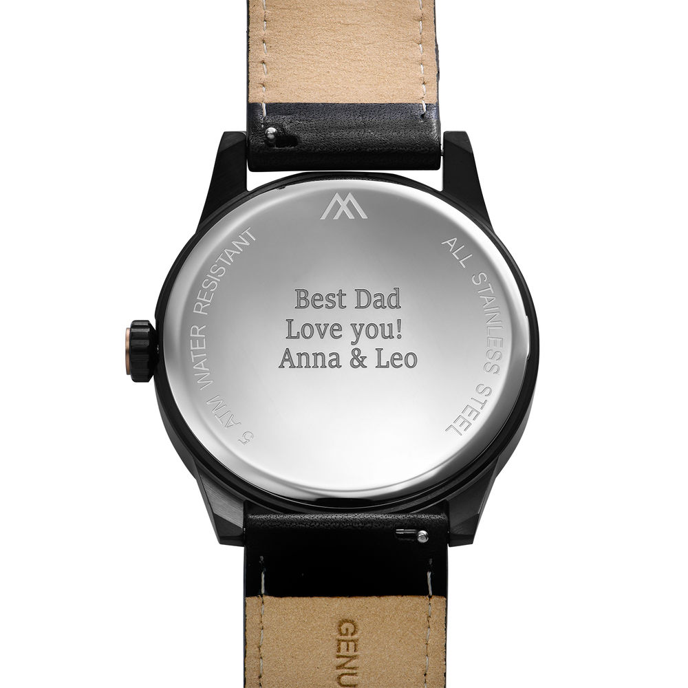 Odysseus Day Date Minimalist Leather Strap Watch in Black - 3