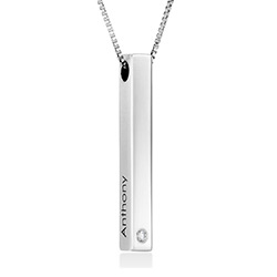 Personalized Vertical 3D Bar Necklace in Sterling Silver with a Diamond product photo