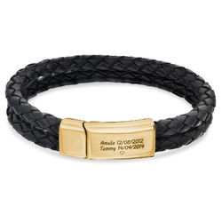 Engraved Bracelet for Men in Black Leather and Gold Plating product photo