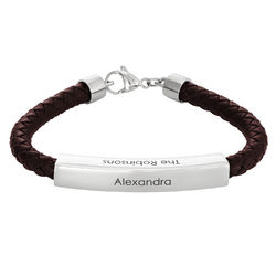Engraved Leather Bar Bracelet for Men- in Brown product photo
