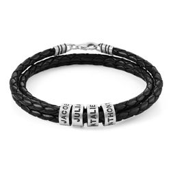Men Braided Leather Bracelet with Small Custom Beads in Silver product photo