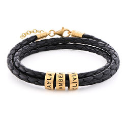 Women Braided Leather Bracelet with Small Custom Beads in 18k Gold Plating product photo