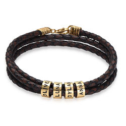 Men Braided Brown Leather Bracelet with Small Custom Beads in 18k Gold Plating product photo