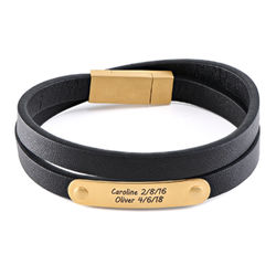 Black Leather Bracelet with Engraved Bar in 18K Gold Plating product photo