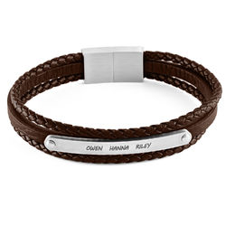 Stacked Brown Leather Bracelets with an Engraved Bar product photo