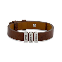 Mens Brown Leather Bracelet with Custom Silver Beads product photo
